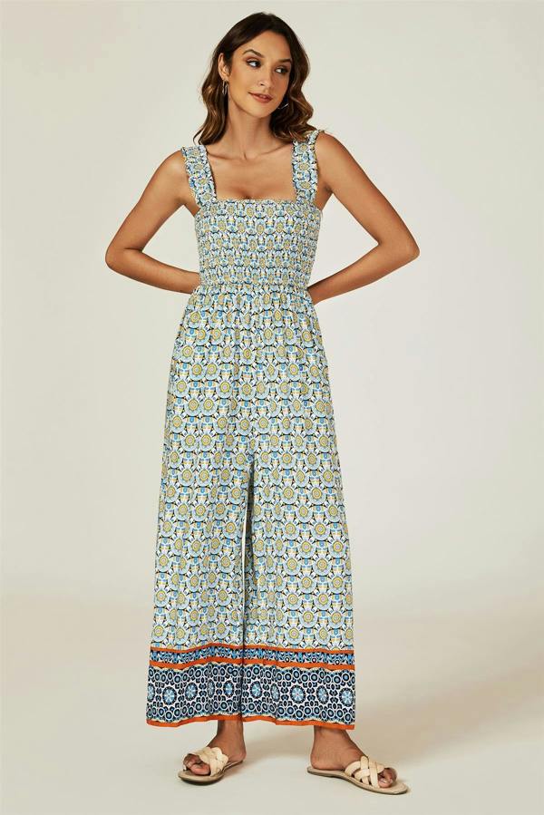FS Collection Geo Print Stretchy Smocked Wide Leg Jumpsuit In Blue