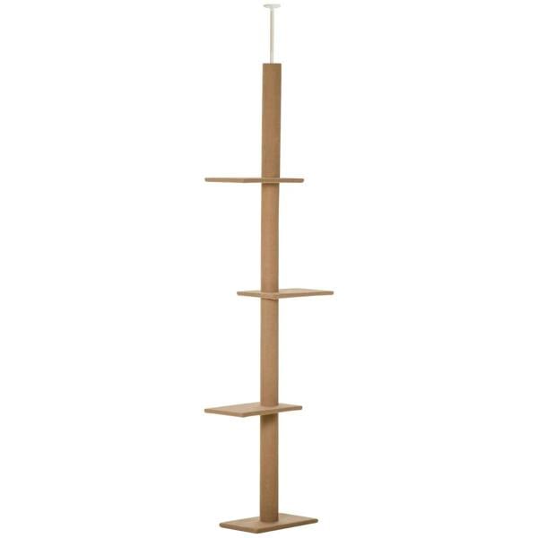 Brown floor-to-ceiling cat tree with four stacked platforms and vertical posts