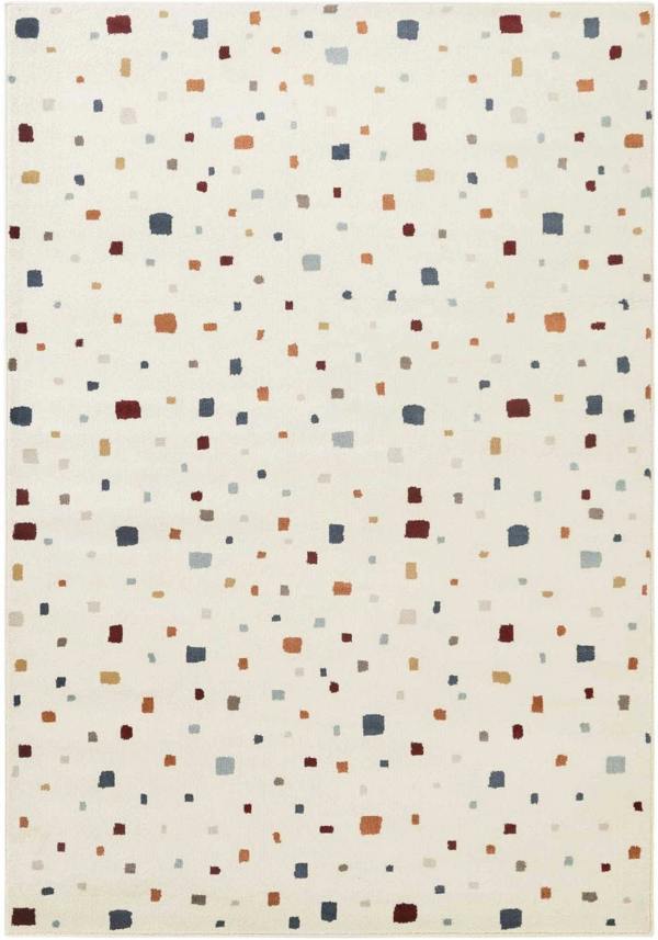 Patterned rug with small squares in various colors on a white background