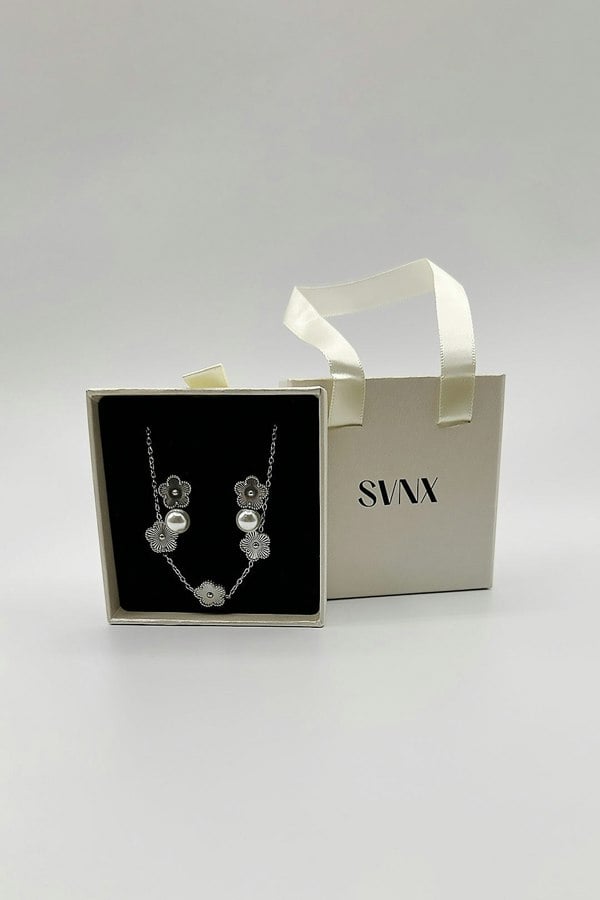 SVNX Floral Pearl Stud Earrings & Bracelet in Silver