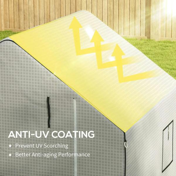 White PE greenhouse cover with reinforced hem edge detail and UV protection graphic overlay