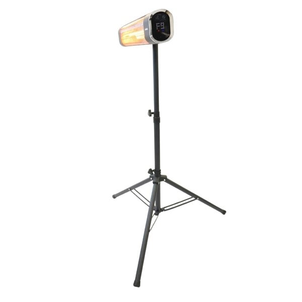 A black outdoor heater mounted on a tripod with the control panel switched on