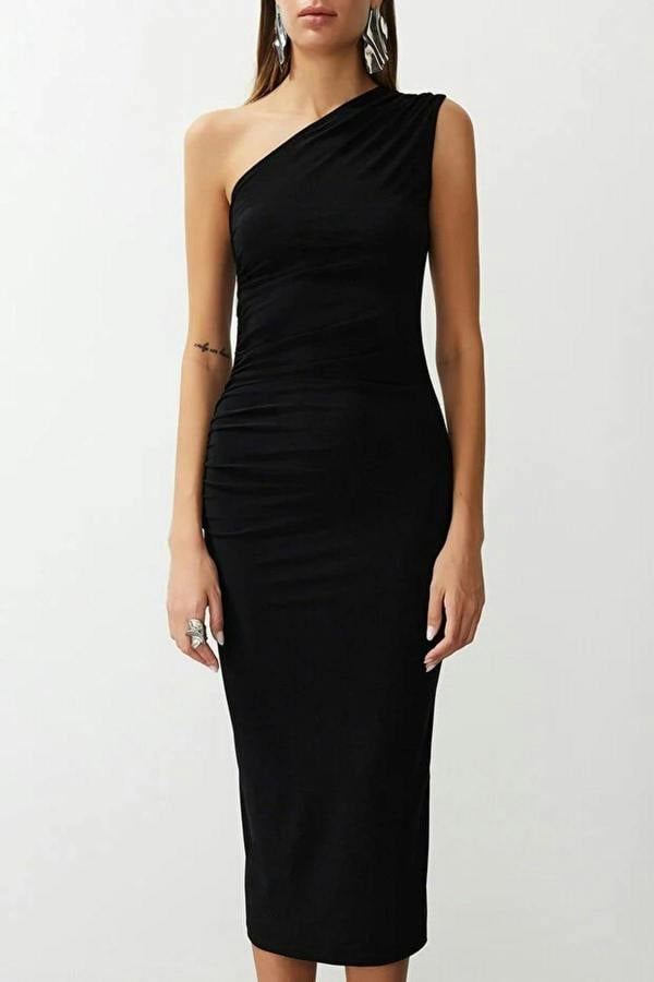 WOVCOR One-Shoulder Draped Stretch Knit Dress