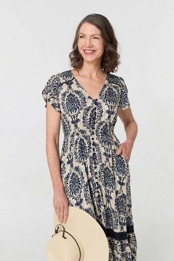Navy | Ikat Print Shirred Lace Midi Dress
