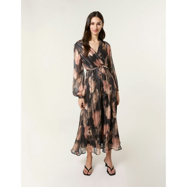 Blue Vanilla Watercolour Pleated Wrap Belted Dress