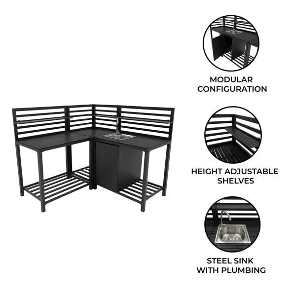 Modular aluminium outdoor kitchen set featuring height-adjustable shelves and a stainless steel sink with plumbing, perfect for outdoor cooking