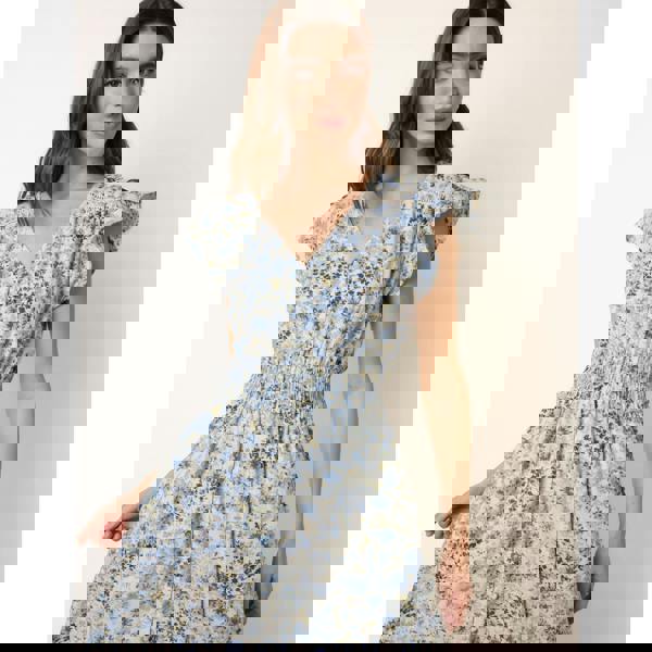 Blue Vanilla Ditsy Floral Print Shirred Waist Button Front Maxi Dress