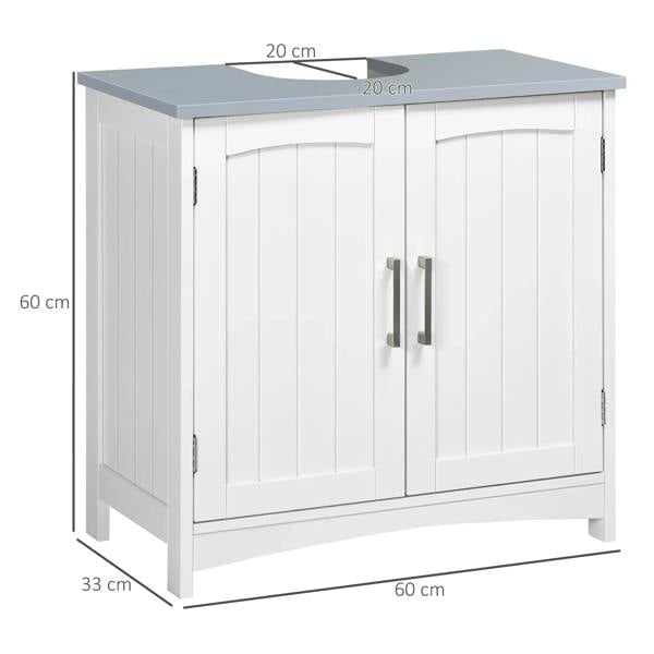 White under-sink cabinet with double doors, silver handles, and flat gray top