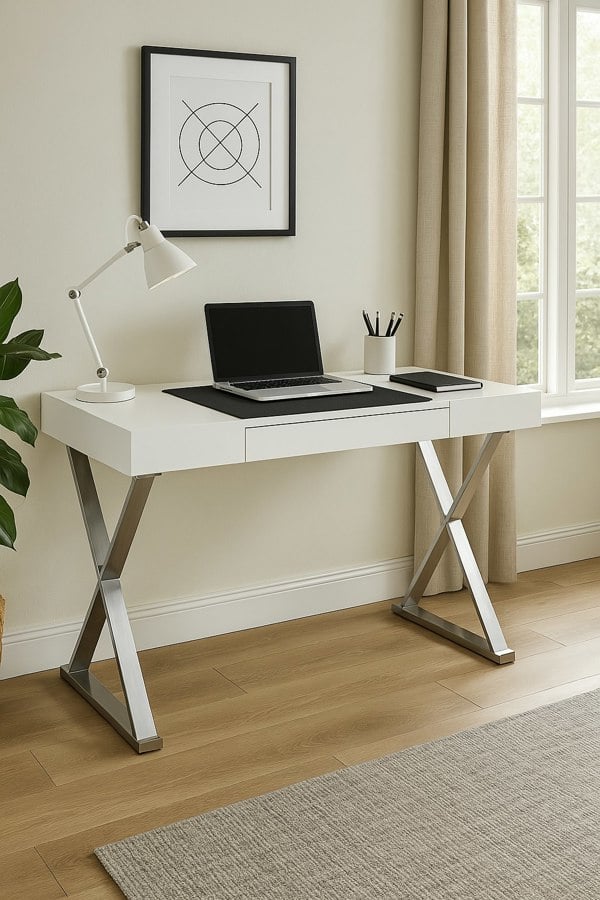 Centurion Supports ADONIS Gloss White and Chrome Legs Ergonomic Home Office Luxury Modern Desk
