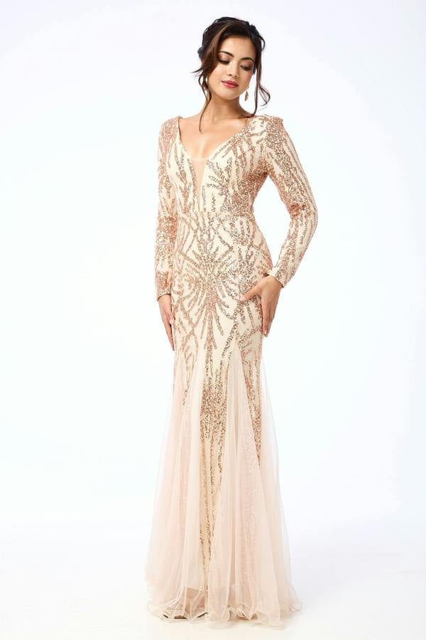 LuvForever Aya - Gold Long Sleeve Sequin Maxi Dress