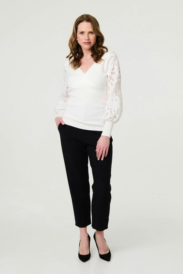 Cream | Floral Lace Puff Sleeve Fitted Knit Top : Model is 5'9"/175 cm and wears UK10/EU38/US6/AUS10
