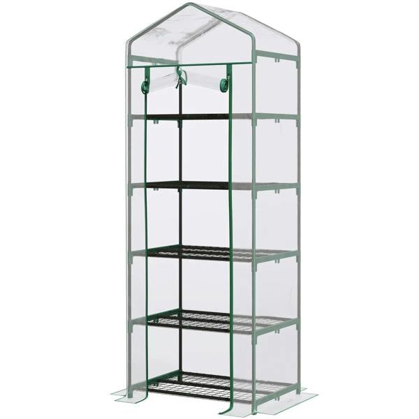 Five-tier mini greenhouse with green frame and clear cover, black wire shelves