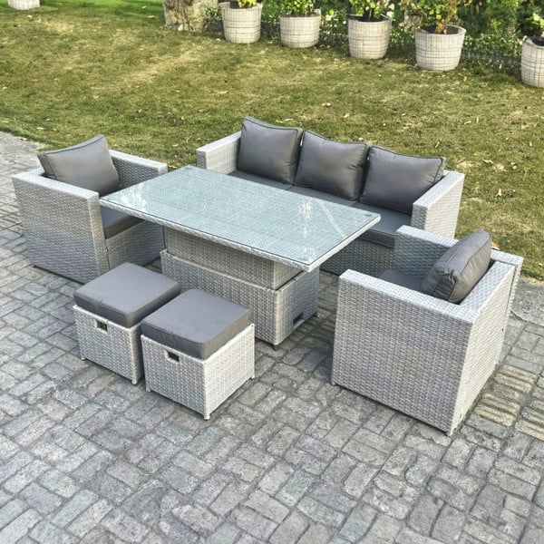 Fimous Outdoor 7 Seater Rattan Dining & Lounge Set with Adjustable Height Table, Sofa, 2 Armchairs & Stools