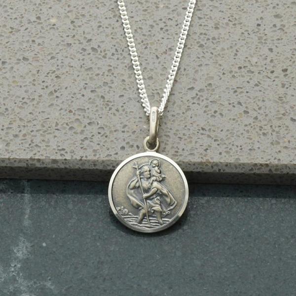 Christopher James of London Antique Finish Sterling Silver 12mm St Christopher Pendant With Optional Engraving and Chain