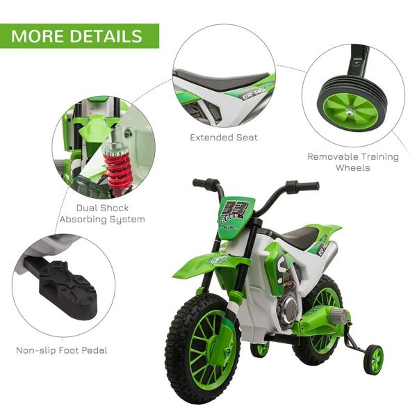 Green and white kids electric ride-on motorcycle with training wheels, seat and wheel details