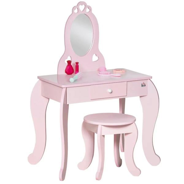 Kids pink vanity table set with oval mirror, drawer, and matching round stool