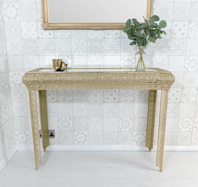 Light Gold Embossed Metal Mirrored Glass Console Table - Agadir Range