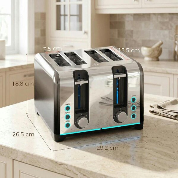 4 Slice Toaster with 7 Browning Levels, Reheat, Defrost and Cancel Functions
