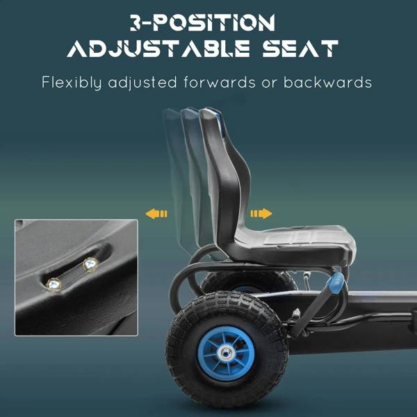Kids pedal go kart with 3-position adjustable seat and blue wheel accents on black frame