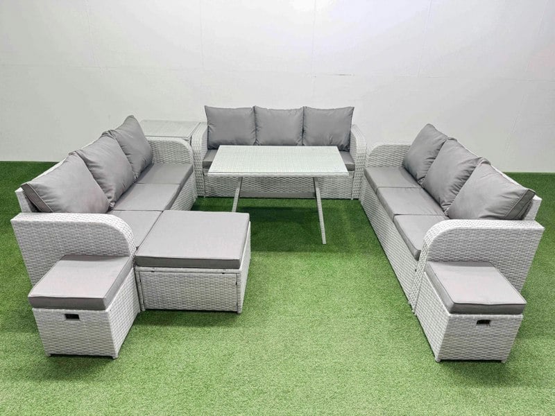 Fimous 12 Seat Outdoor PE Rattan Garden Furniture with Cushions 3 Seater Sofa Side Table 3 Stool Light Grey