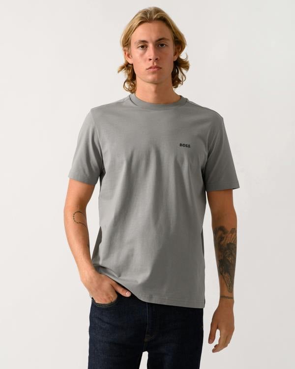 model wearing a BOSS Green Tee Mens Stretch Cotton T-Shirt with Contrast Logo in Open Grey 063