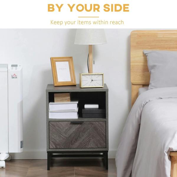 Dark grey nightstand with open cubby shelf, front drawer, and steel legs.