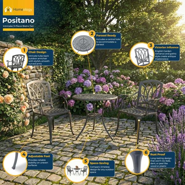 Homeology POSITANO Luxurious Garden and Patio Table and 2 Large Chairs with Armrests Cast Aluminium Bistro Set - Grey