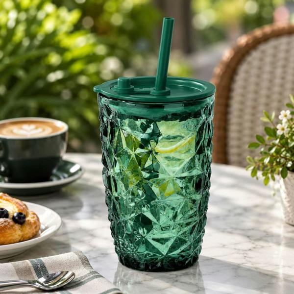 Dyzi 400ml Borosilicate Glass Drinking Cup with Lid Straw Dark Green