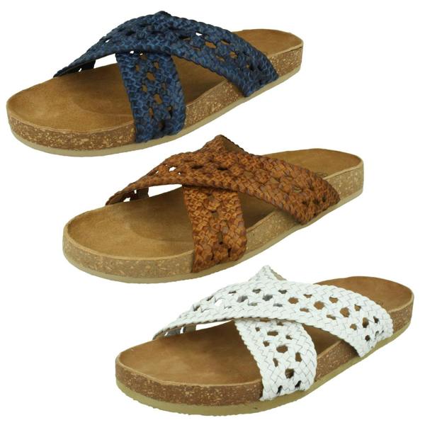 Down to Earth Ladies Down To Earth Leather X Strap Mule Sandals F00429