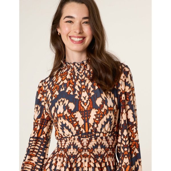 Blue Vanilla Frilled Shirred High Neck Shirred Waist Dress