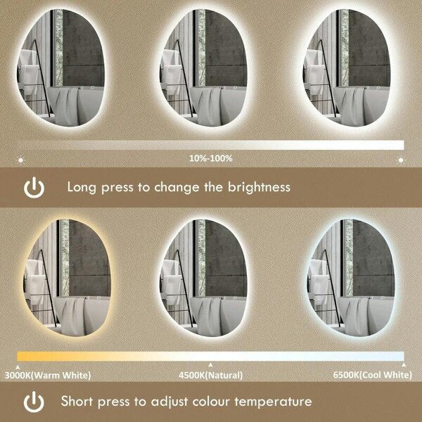 Bobobiy 70x50cm Bathroom Mirror with LED Lights, 3 Colours Dimmable, Anti-Fog, Memory & Touch Switch, IP44