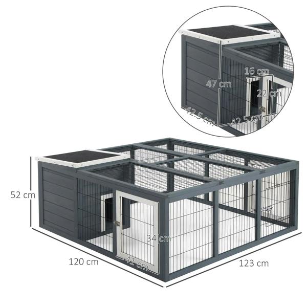 Grey outdoor rabbit run cage with wire mesh pen and open-top framework, side doors shown