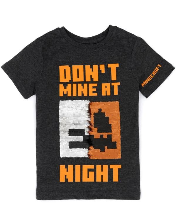 Minecraft Boys Grey Don'T Mine At Night Sequin Graphic Short Sleeved T-Shirt