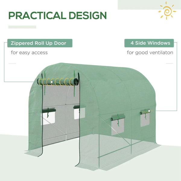 Green walk-in garden greenhouse with roll-up door and four side windows