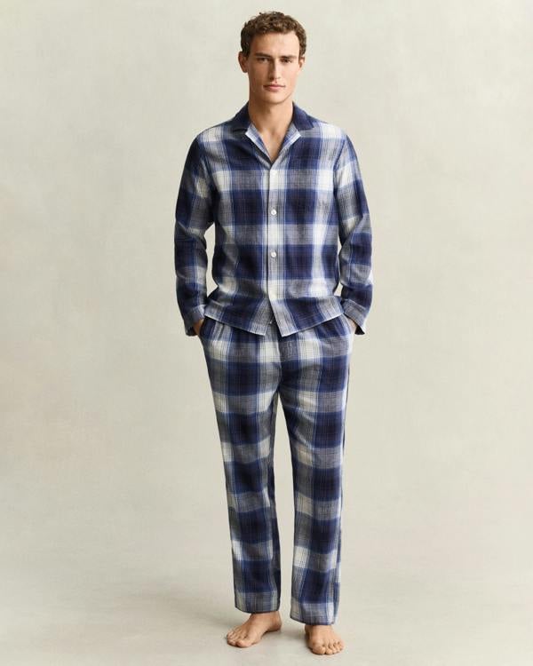 GANT Mens Flannel Checked Pyjama Set Gift Box - 410 Marine, full length front