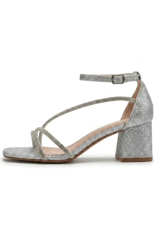 Saoirse Glitter Block Heel Strappy Sandals - Silver