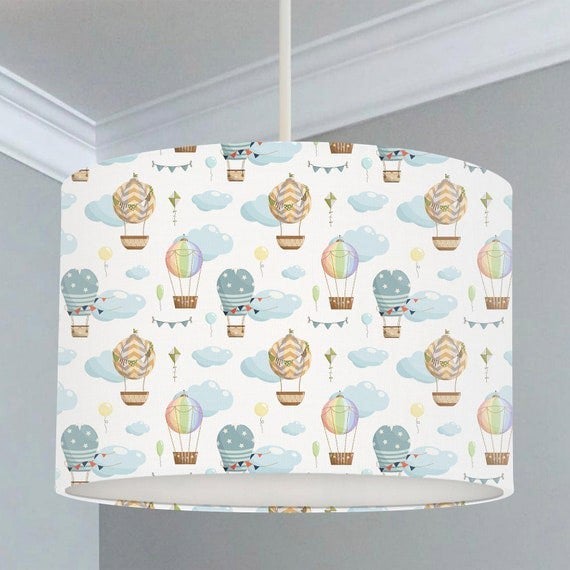 Hot air balloons in a cloudy sky, gender neutral children's bedroom and nursery ceiling lampshade.