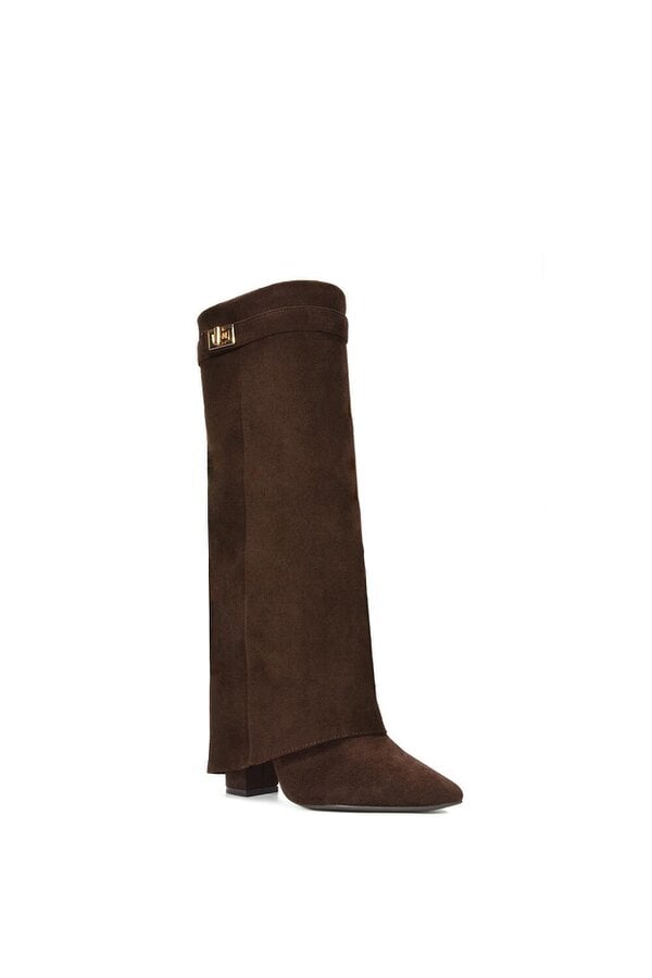 XY LONDON Block Heel Knee High Foldover Boots With Pointed Toe