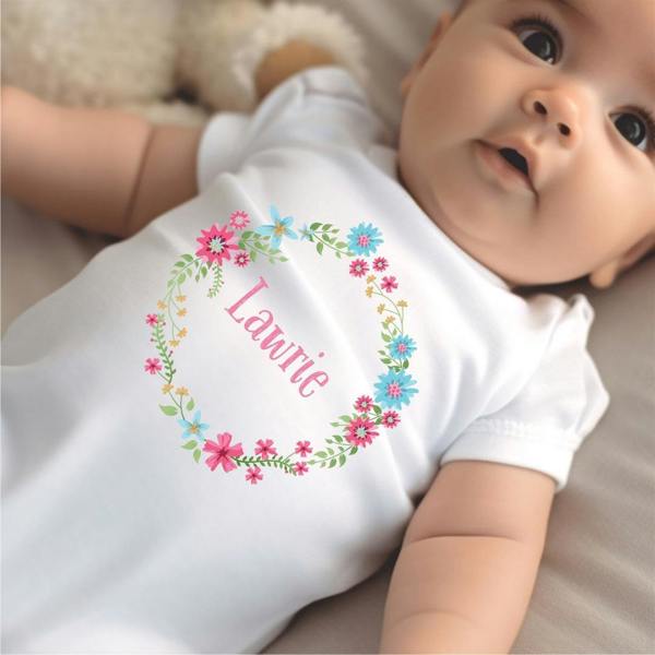 Personalised Simple Floral Circle Baby Grow, Vest or Bib with Name