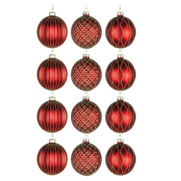 8cm Red Glass Christmas Baubles Set, 12 Pack with 3 Assorted Designs for Tree Decorations image 1