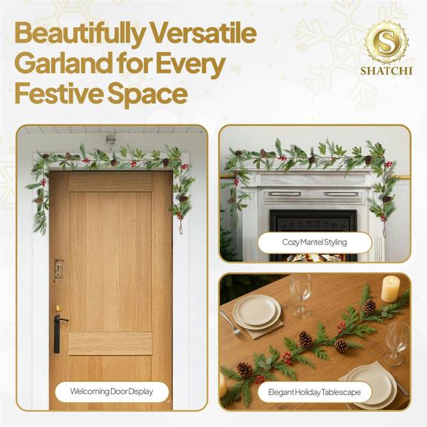 18cm Green Cedar Christmas Garland with Red Berries and Pinecones for Indoor or Outdoor Display image 6