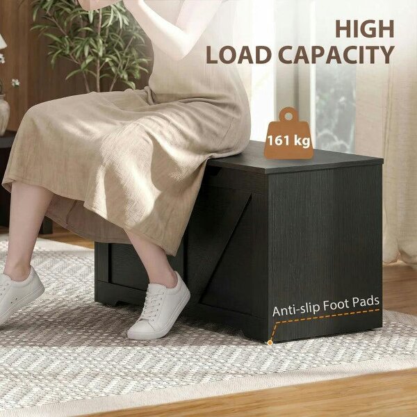 100L Home Storage Box, with Safety Hinge - Black Wood-Effect