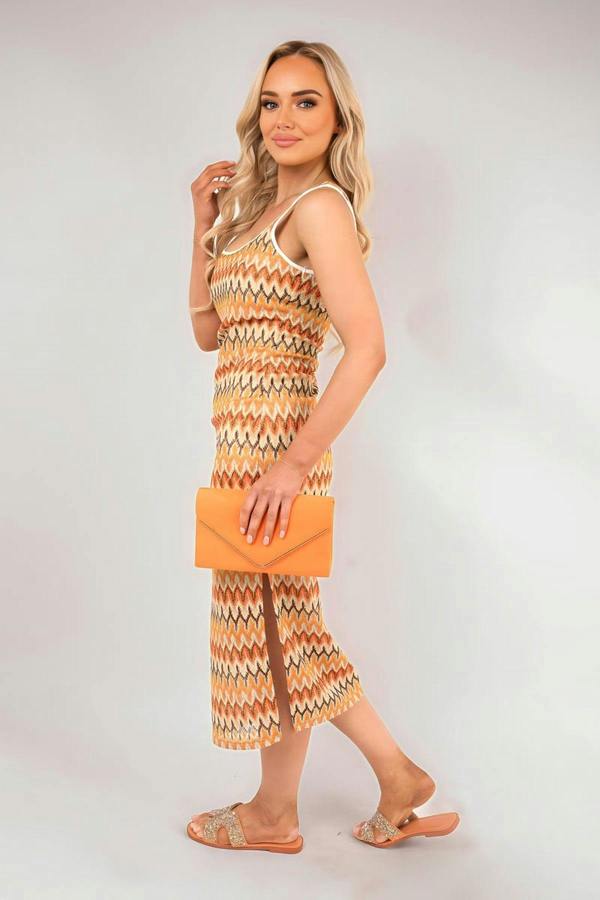 Cleo Sleeveless Scoop Neck Bodycon Midi Dress With Zig-zag Knit Detail - Orange