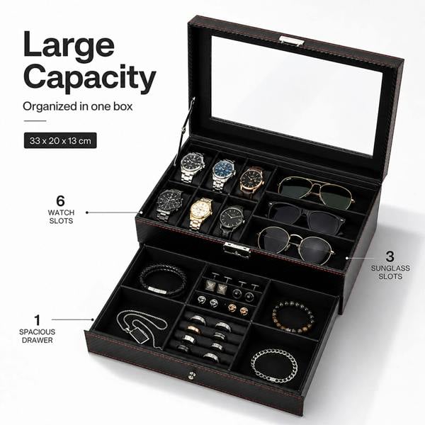 ilus Watch Box Watch Storage Jewelry Box 2 Layer Glass Lid Lockable Display Black