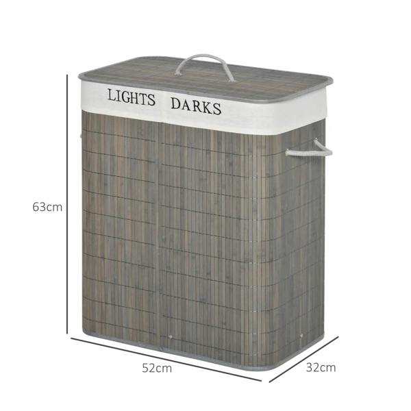 Grey laundry hamper with flat top lid and side string handles, labeled “LIGHTS” and “DARKS”