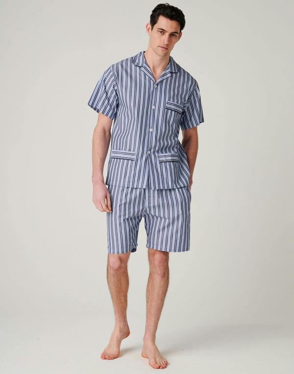 British Boxers Men's Crisp Cotton Short Pyjama Set – Navy Spark Stripe