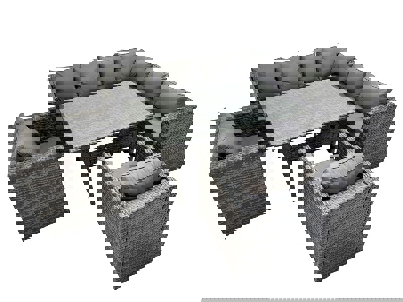 Fimous Rattan Garden Furniture Set Outdoor 8 Seater Patio Dining Corner Sofa Sets with Dining Table 2 Chairs Dark Grey Mixed