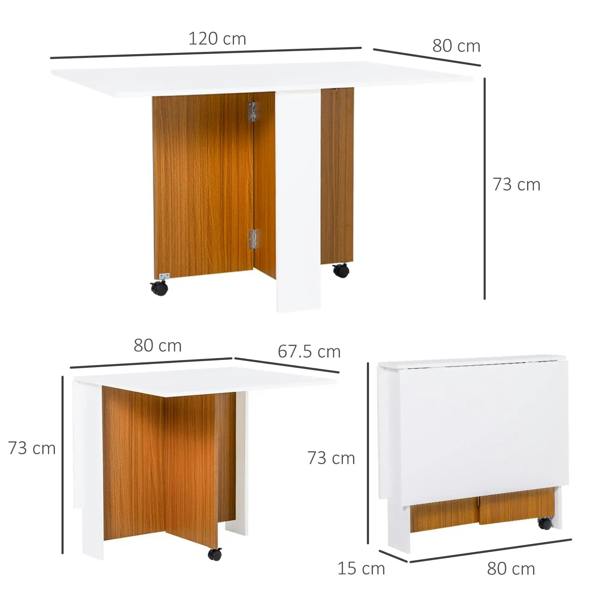 White folding table with teak wood side panels and casters, with size diagram