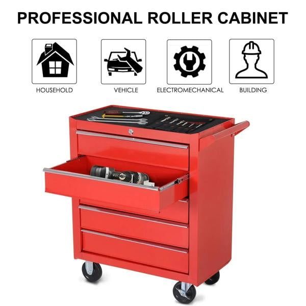 Red tool storage cabinet with open top drawer and stacked drawers on caster wheels