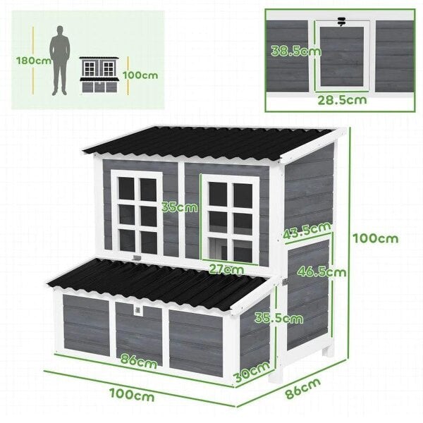 Wooden Chicken Coop with Nesting Box, Slide-Out Tray, Perches, for 2-4 Chickens, 100 x 86 x 100cm